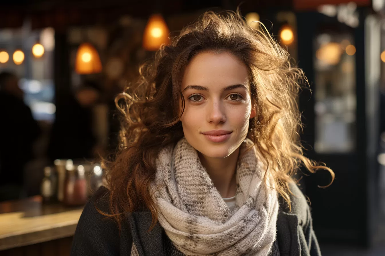 femme dans la rue avec un foulard autour du coup