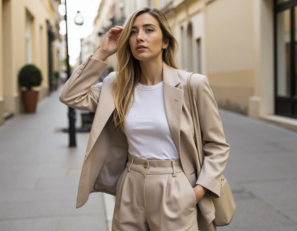 femme de petite taille qui porte un pantalon large et un blazer